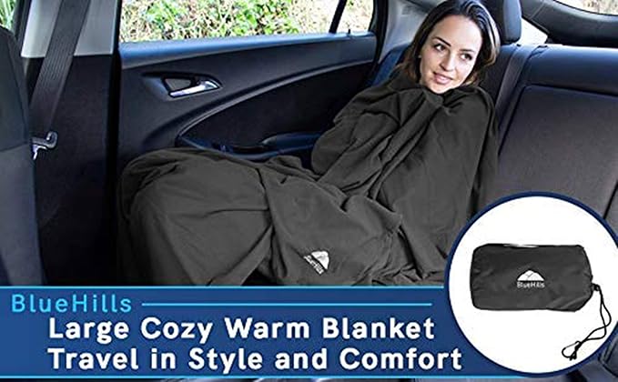 BlueHills Ultra Compact Travel Blanket Pillow in Portable Bag Case with Hand Luggage Belt & Backpack Clip Premium Cozy Soft Compact Pack Large Blanket for Airplane Flight Layover Black C003