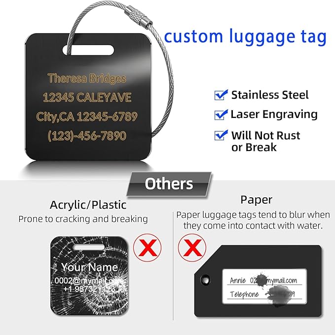 (5Pack Made in USA) Custom Personalized Luggage Tags-Customized Unique tag for Suitcase Backpack Travel,Bags (Metal (2 × 2))