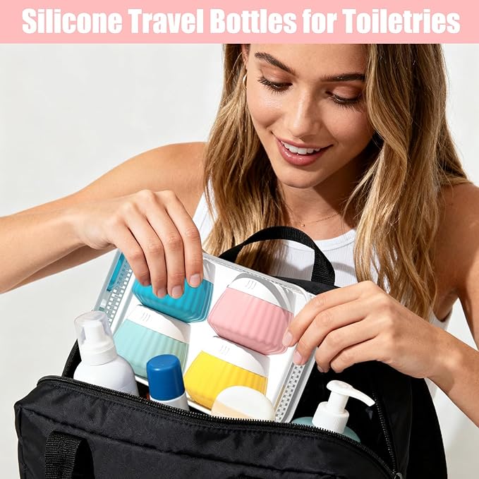 4 Pack Travel Size Bottles, Leak Proof Refillable Silicone Travel Bottles for Toiletries with 4 Scoops, Labels and Clear Bag, Suitable for Shampoo, Conditioner, and Skincare Products (D)