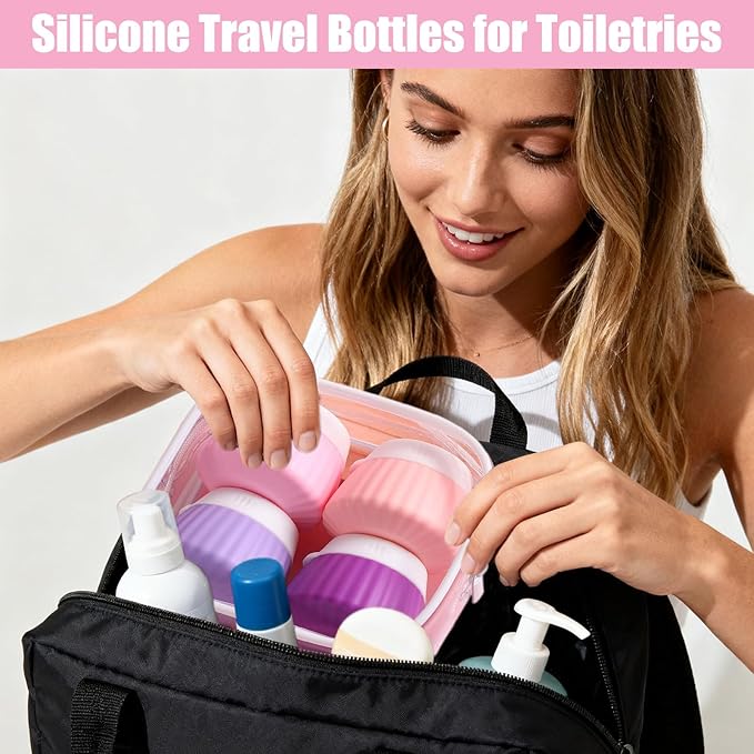4 Pack Travel Size Bottles, Leak Proof Refillable Silicone Travel Bottles for Toiletries with 4 Scoops, Labels and Clear Bag, Suitable for Shampoo, Conditioner, and Skincare Products (A)