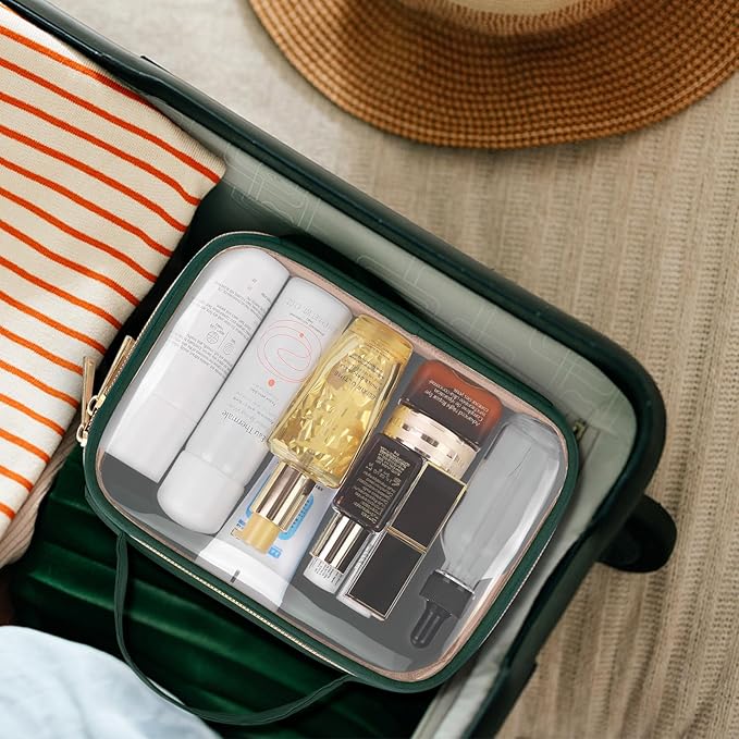 Wedama TSA Approved Toiletry Bag, 3 Pack Clear Makeup Bags with Handles, Quart Size Clear Toiletry Bags, PVC Cosmetic Bags for Women and Men, Carry on Airport Airlin (Dark Green, 3 Pack, Medium)