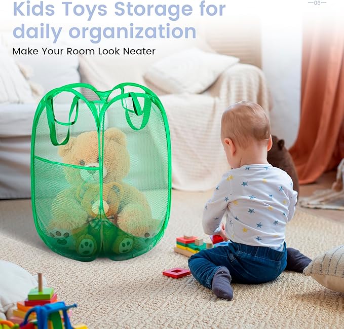 HOUSE AGAIN Pop Up Laundry Hamper, Strong Mesh Laundry Baskets Collapsible, Hamper with Handles and Side Pocket, Portable Foldable Dirty Clothes for Dorm, Laundry room and Travel Storage, Green