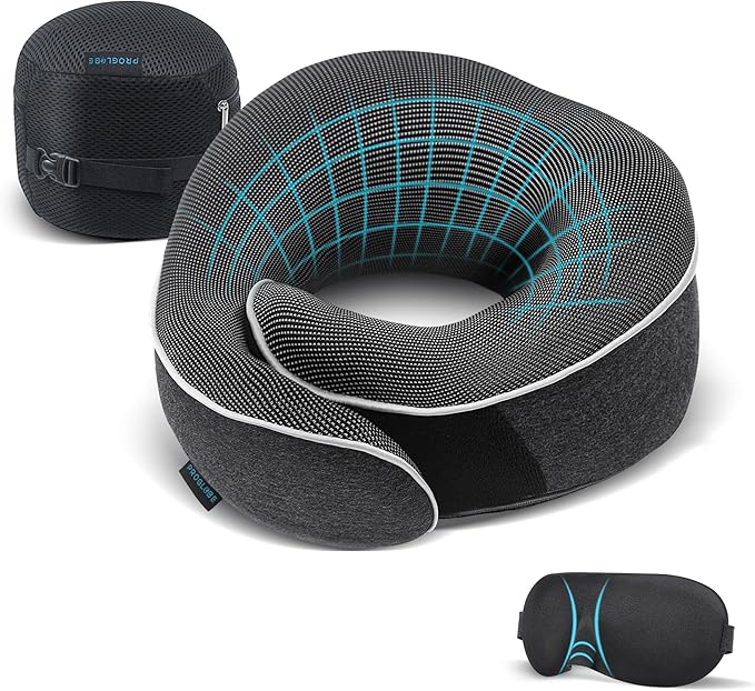 Proglobe Travel Neck Pillow 100% Memory Foam – Airplane & Car Travel Essentials Kit with 3D Eye Mask, Earplugs & Mesh Bag – Sleeping Support Pillow for Adults (Dark Grey)