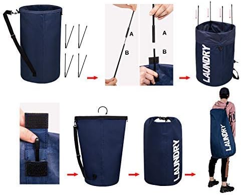 WOWLIVE Extra Large Foldable Laundry Bag Durable Laundry Basket Collapsible Laundry Hamper Backpack Laundry LinerDirty Clothes Hamper Standing Waterproof Hampers for Laundry Dorm Room(Dark blue)