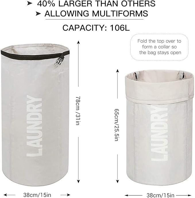 WOWLIVE Extra Large Foldable Laundry Bag Laundry Basket Collapsible Laundry Hamper Backpack Liner Dirty Clothes Hamper Standing Waterproof Hampers for Dorm Room (Beige)