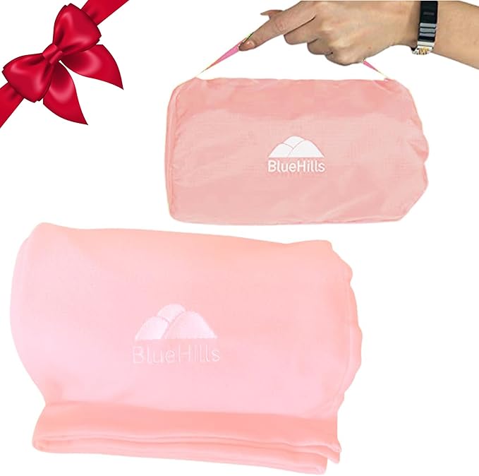 BlueHills Ultra Compact Travel Blanket Pillow in Portable Bag Case Soft with Strap Backpack Clip Premium Cozy Soft Compact Pack Large Blanket for Airplane Flight Layover - (Pink C006, 70 x 56 inch)