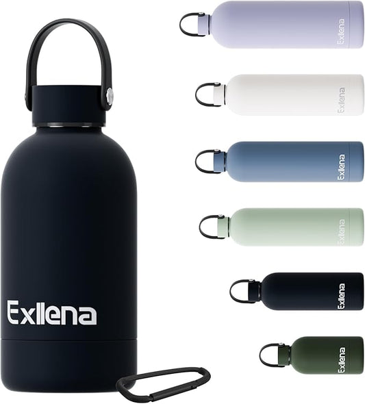 Small Water Bottles 12 oz with Handle Lid and Carabiner, Mini Insulated Water Bottle Double Wall Vacuum Leakproof for Kids/Adults (Black)