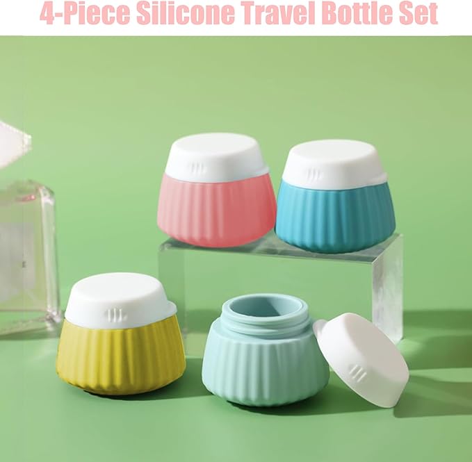 4 Pack Travel Size Bottles, Leak Proof Refillable Silicone Travel Bottles for Toiletries with 4 Scoops, Labels and Clear Bag, Suitable for Shampoo, Conditioner, and Skincare Products (D)