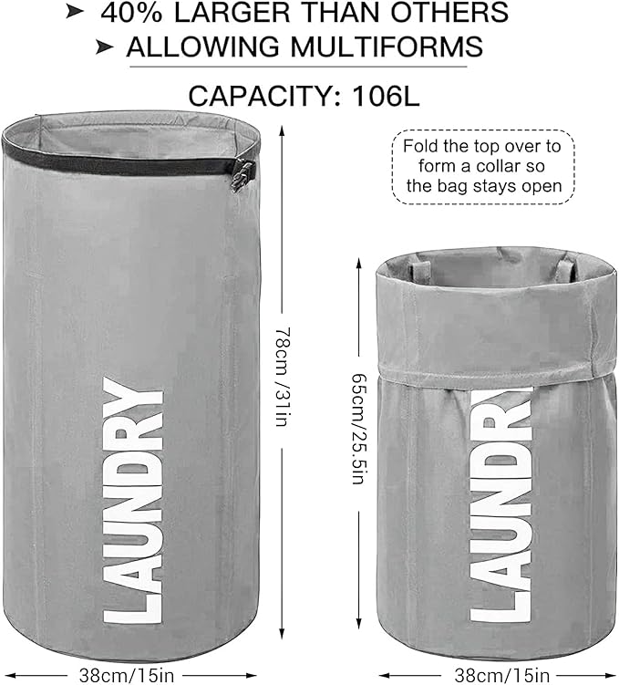 WOWLIVE Extra Large Foldable Laundry Bag Laundry Basket Collapsible Laundry Hamper Backpack Liner Dirty Clothes Hamper Standing Waterproof Hampers for Dorm Room (Gray)