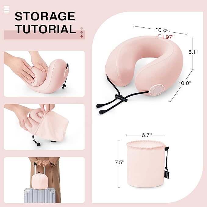 Travel Neck Pillows for Airplane Adults, Memory Foam Neck Support Travelling Pillow with Washable Cotton Pillowcases and Storage Bag, for Car, Train, Flight, Office and Home Use Adults Pink
