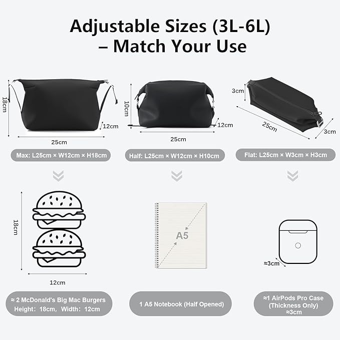 Vomgomfom 6L 13 Inch Silicone Toiletry Bag, Waterproof Leakproof Travel Cosmetic Organizer, Adjustable G-Buckle Compression Dopp Kit, Foldable Makeup Bag for Women & Men (Black, 13" 6L)