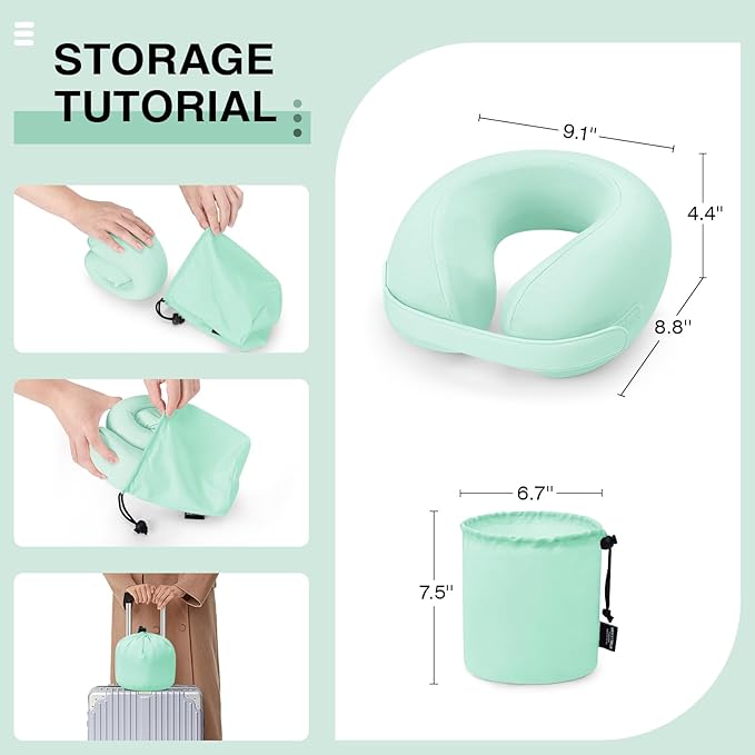 Car Pillow for Big Kids Travel Neck Pillows, Memory Foam Neck Support Travelling Pillow with Washable Cotton Pillowcases and Storage Bag, for Airplane, Train, Flight and Home Use Green