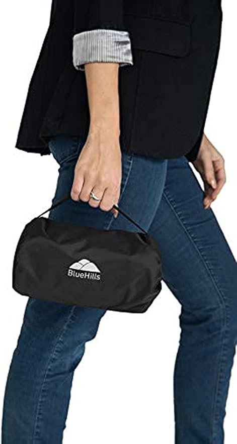 BlueHills Ultra Compact Travel Blanket Pillow in Portable Bag Case with Hand Luggage Belt & Backpack Clip Premium Cozy Soft Compact Pack Large Blanket for Airplane Flight Layover Black C003