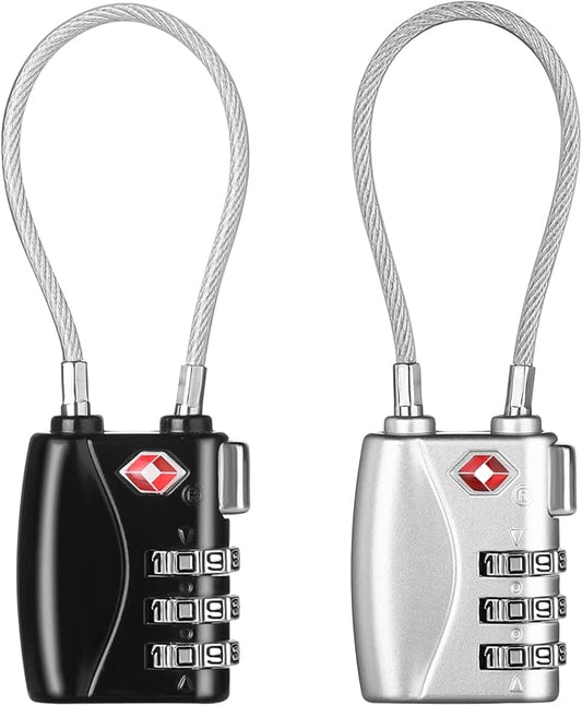 ZHEGE TSA Wire Lock 2 Pack Cable Luggage Lock with Alloy Body for Suitcase, Baggage, Backpack, Pistol Case (Black & Silver)