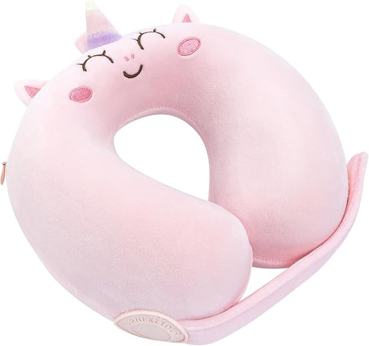 Car Pillow for Big Kids Travel Neck Pillows, Foam Neck Support Travelling Pillow with Washable Cotton Pillowcases and Storage Bag, for Airplane, Train, Flight and Home Use Unicorn Pink