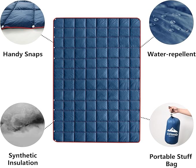 zzlamb Camping Blanket, Compact Lightweight Soft Puffy Blanket Water-Repellent, Packable Warm Quilt Down Alternative Picnic Hiking Backpacking Beach Travel RV Airplane Couch Car