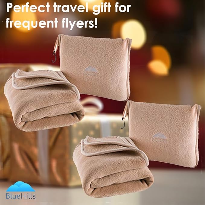 BlueHills Premium Soft 2-Pack Travel Blanket Pillows Airplane Large Plane Flight Throw Travel Blankets for Two in a Bag Compact Traveling Essentials Warm Travel Gifts Long Beige T205