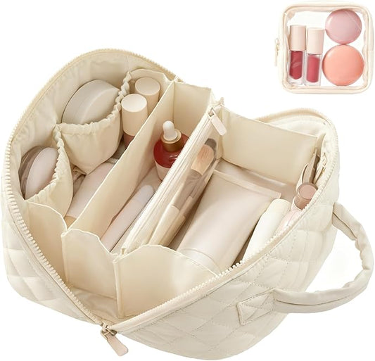 Makeup Bag Travel Toiletry Bag, Puffy Padded Make Up Bags for Women, Waterproof Cosmetic Organizer, Makeup Organizer Wide-open Pouch Purse, Travel Essentials for Toiletries Accessories Storage (White)