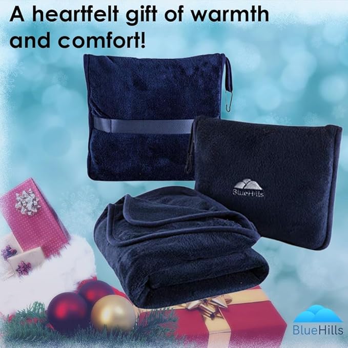 BlueHills Premium Soft Travel Blanket Pillow Airplane Blanket Packed in Soft Bag Pillowcase with Hand Luggage Belt Compact Pack Large Long Flight Essentials Portable Navy Blue T002