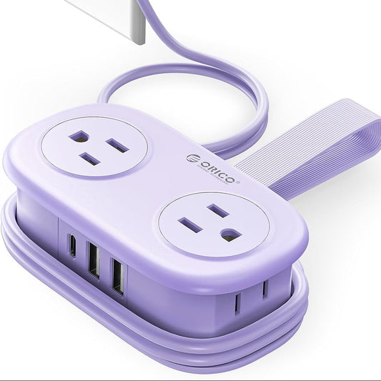 Purple Travel Power Strip 4FT Extension Cord with 4 AC Outlets 2 USB A and 1 USB C Flat Plug