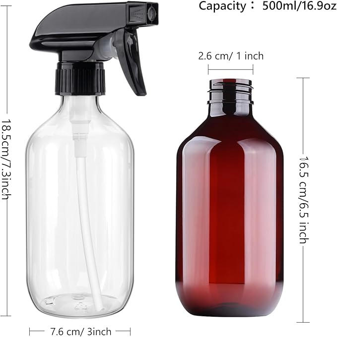 Teyssor Plastic Spray Bottles Empty Water Spray Bottle 500ml/16.9oz Fine Mist Refillable Bottles for Cleaning Solutions, Plants, Hair, Essential Oils 2 Pack