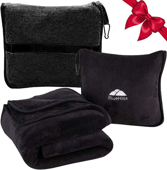 BlueHills Premium Soft Travel Blanket Pillow Airplane Blanket Packed in Soft Bag Pillowcase with Luggage Sleeve Compact Pack Large Traveling Packable Lightweight Gifts Black T008