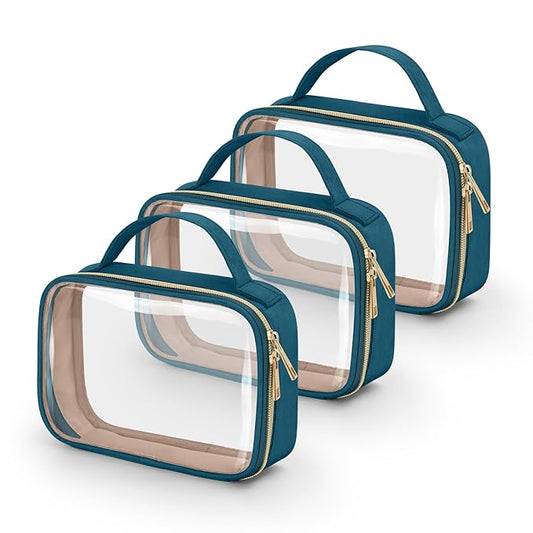 Wedama TSA Approved Toiletry Bag, 3 Pack Clear Makeup Bags with Handles, Quart Size Toiletry Bags, PVC Clear Cosmetic Bags for Women and Men, Carry on Airport Airline (Til Blue, Medium)