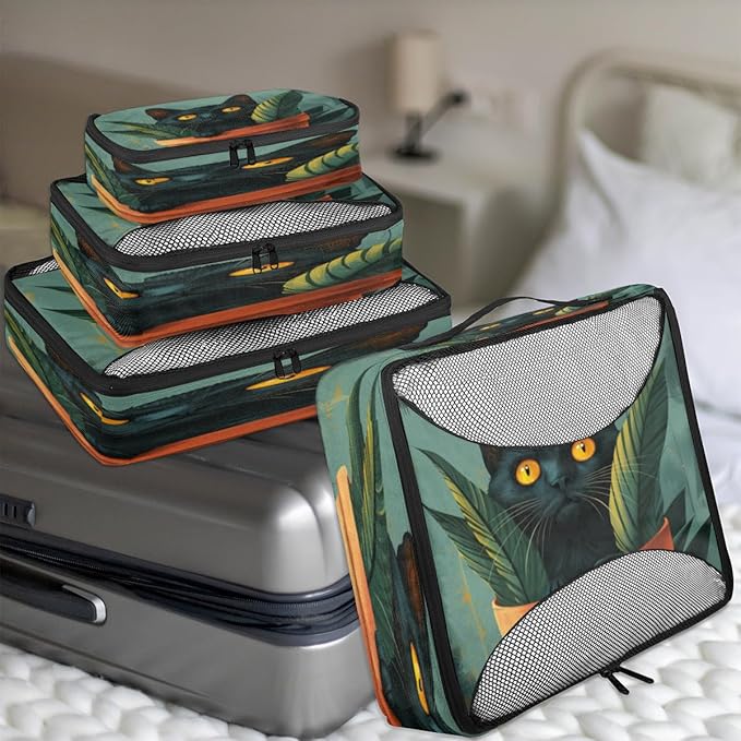 Watercolor Cat Packing Cubes 4 Pack Travel Packing Bags Set Lightweight Mesh Travel Luggage Organizer Clothes Carry on Suitcase Bags for Accessories Essentials