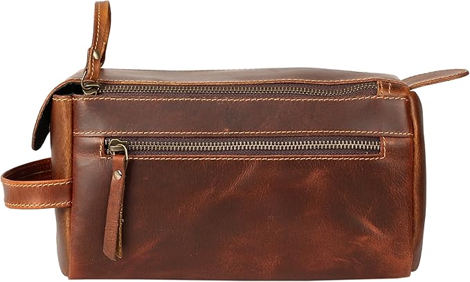 KomalC Premium Buffalo Leather Toiletry Bag for Men & Women – Leather Dopp Kit With Water resistant Lining, Premium Toiletry Travel Pouch, Unisex Wash Bag for Toiletries, Gifts for Men and Women
