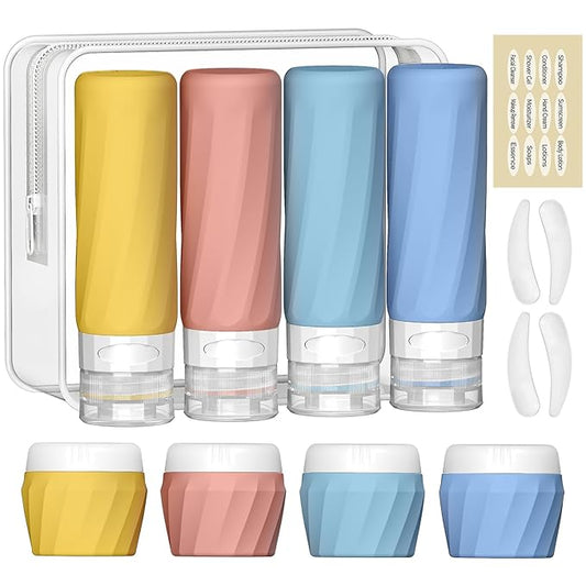 14pack Travel Bottles for Toiletries, TSA Approved Travel Size Toiletries Containers Set, Premium Silicone Leak Proof Refillable Bottles & Creams Jars Accessories Kit W/Clear Bag (Bright)