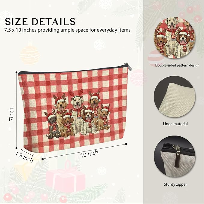 Vintage Christmas Dog Makeup Bag Gifts for Women, Christmas Santa Reindeer Golden Retriever Lover Cosmetic Bag, Red Plaid Xmas Dog Holiday Zipper Makeup Pouch Travel Toiletry Bags