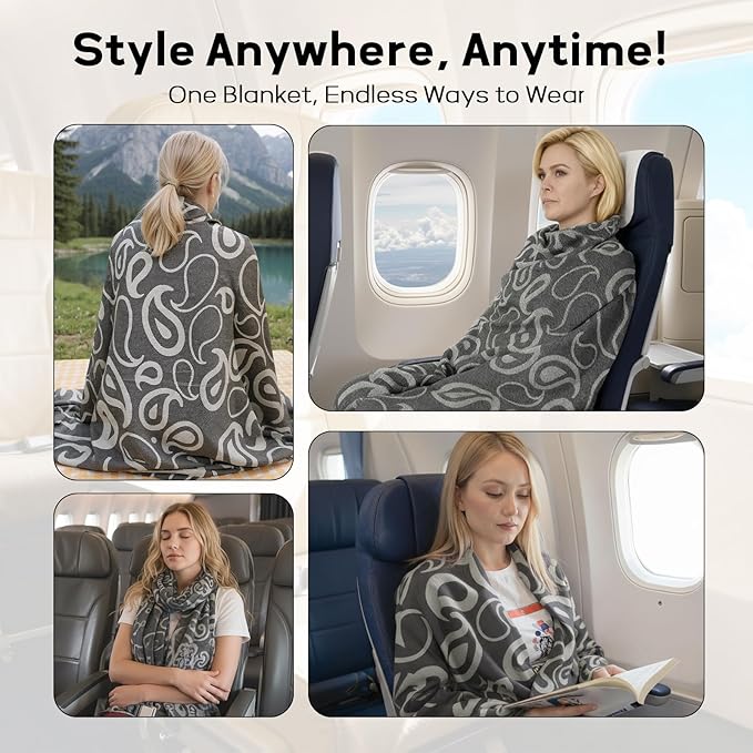 Compact Travel Blanket - Ultra Soft & Lightweight Knit Design Airplane Blanket, 53x72 Inch, Stylish Travel Shawl Wraps for Flights, Car,Travel Essentials, Gifts, Camping