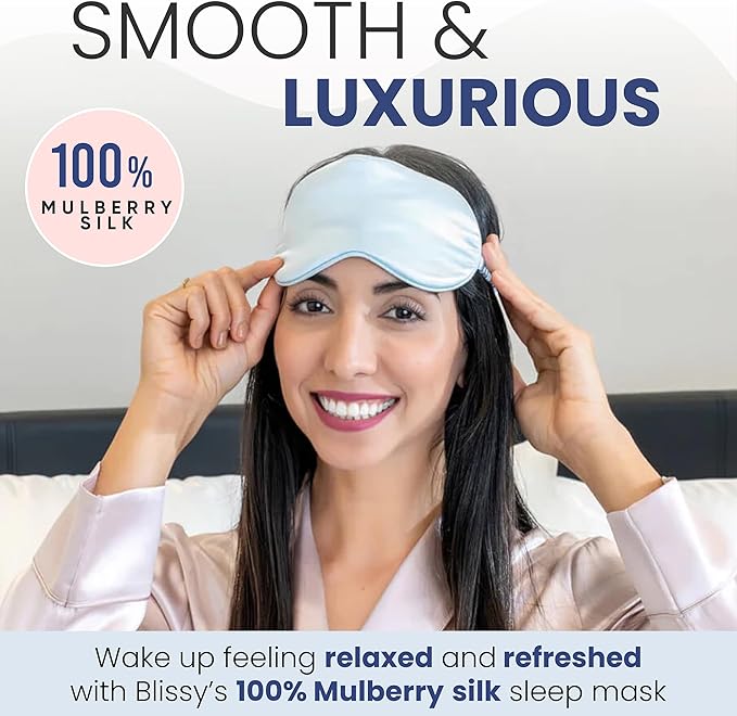 Blissy Silk Sleep Mask - Eye Sleeping Mask for Women & Men for Total Blackout - 100% Pure Mulberry Silk, 22 Momme 6a Fibers - Blindfold Sleep Mask Side Sleeper Eye Cover (Sky Blue)