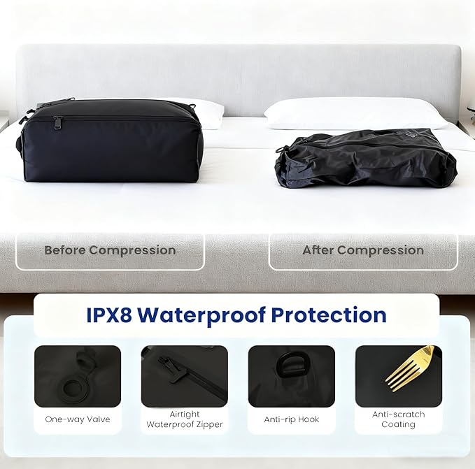 Vacuum Storage Bags for Travel with Portable Pump, Upgraded Vacuum Compression Bags for Travel, IPX8 Waterproof Zipper & 420D Nylon, Includes Electric Pump, Save 60% Luggage Space, 5-7 Day Trip