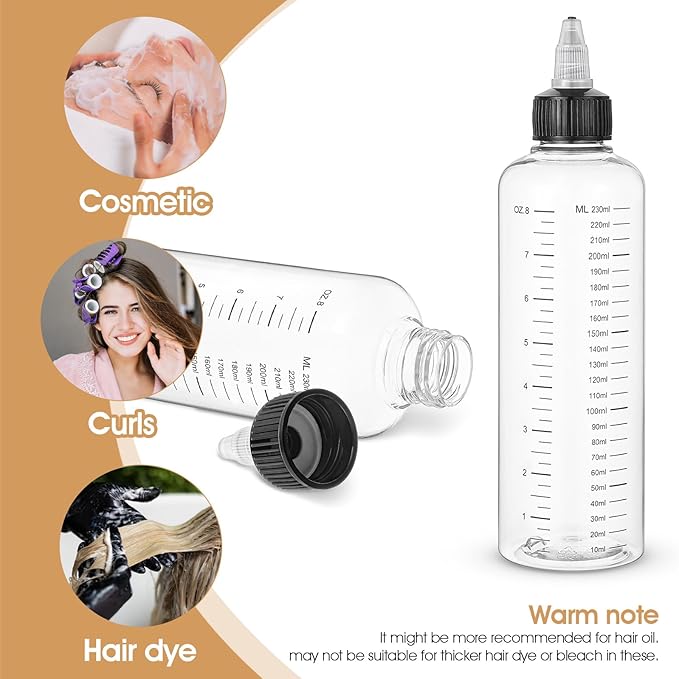 3 Pack Hair Oil Bottle 8.5oz-Hair Oil Applicator Plastic Squeeze Bottles Scalp Oil-Applicator Hair Dye Bottle, Twist-On Top Tip Cap, Refillable Bottles with Graduated Scale and Twist Top
