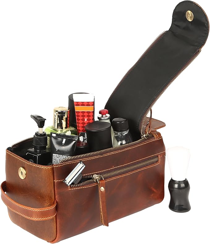 KomalC Premium Buffalo Leather Toiletry Bag for Men & Women – Leather Dopp Kit With Water resistant Lining, Premium Toiletry Travel Pouch, Unisex Wash Bag for Toiletries, Gifts for Men and Women