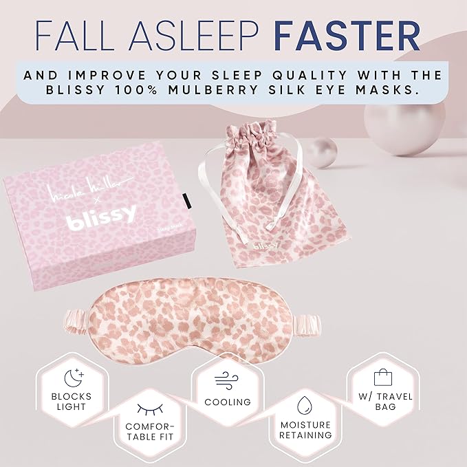 Blissy Silk Sleep Mask - Eye Sleeping Mask for Women & Men for Total Blackout - 100% Pure Mulberry Silk, 22 Momme 6a Fibers - Blindfold Sleep Mask Side Sleeper Eye Cover (Mauve Cheetah)