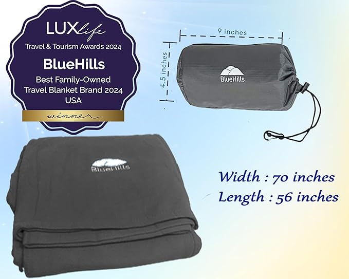 BlueHills Ultra Compact Travel Blanket 2 Pack Large Soft Cozy Portable Blanket Sheet with Carry Case and for Flight Airplane Car Layover Camping Hotel Grey C202-2PK-Gray