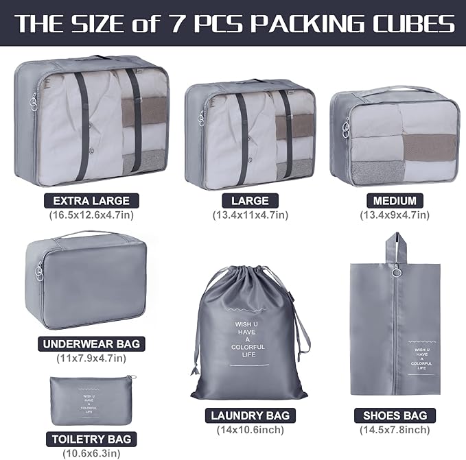 Packing Cubes 7 Set Travel Cubes for Suitcases Lightweight Luggage Packing Orginzers