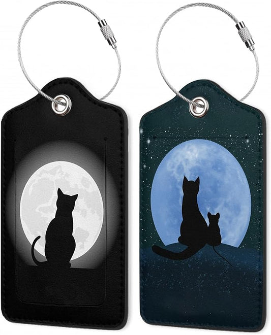 Black Cat Opposite to The Moon PU Lether Luggage Tags,2 Pack PU Cute Suitcase Tags with Stainless Steel Loop and Address Card Baggage Tag for Travel