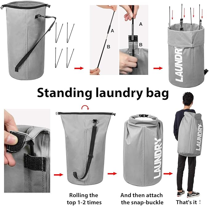 WOWLIVE Extra Large Foldable Laundry Bag Laundry Basket Collapsible Laundry Hamper Backpack Liner Dirty Clothes Hamper Standing Waterproof Hampers for Dorm Room (Gray)