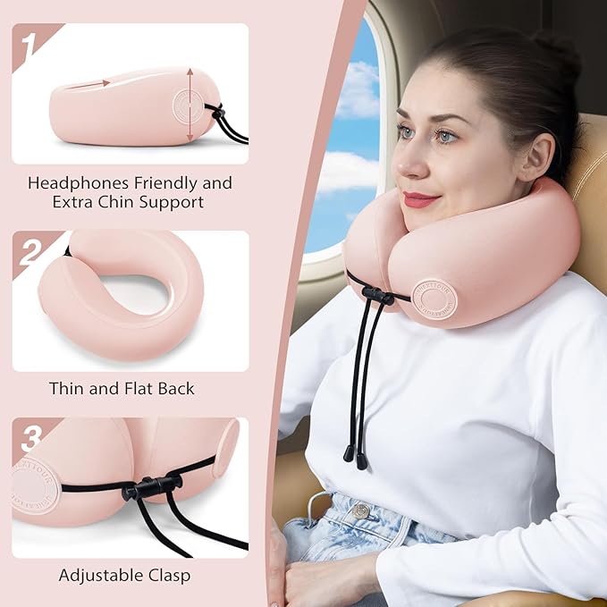 Travel Neck Pillows for Airplane Adults, Memory Foam Neck Support Travelling Pillow with Washable Cotton Pillowcases and Storage Bag, for Car, Train, Flight, Office and Home Use Adults Pink