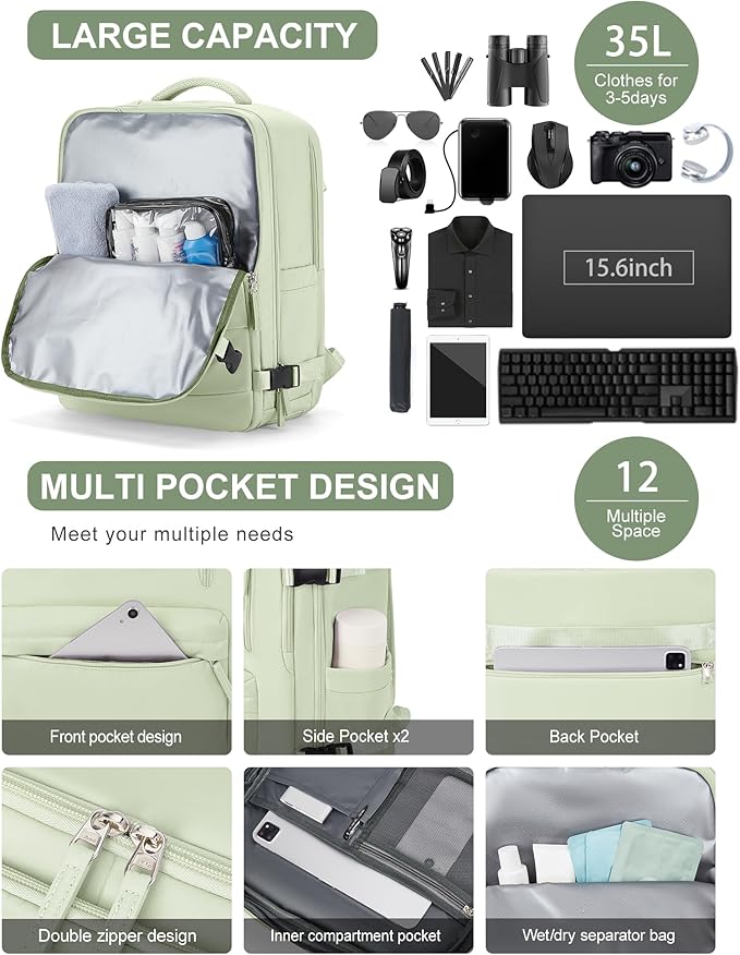 VGCUB Lightweight Travel Backpack for Women Men,Carry on Backpack Flight Approved Luggage,Water Resistant Laptop College Work Backpack Personal Item Daypack Bookbag Mochila de Viaje,Mint green