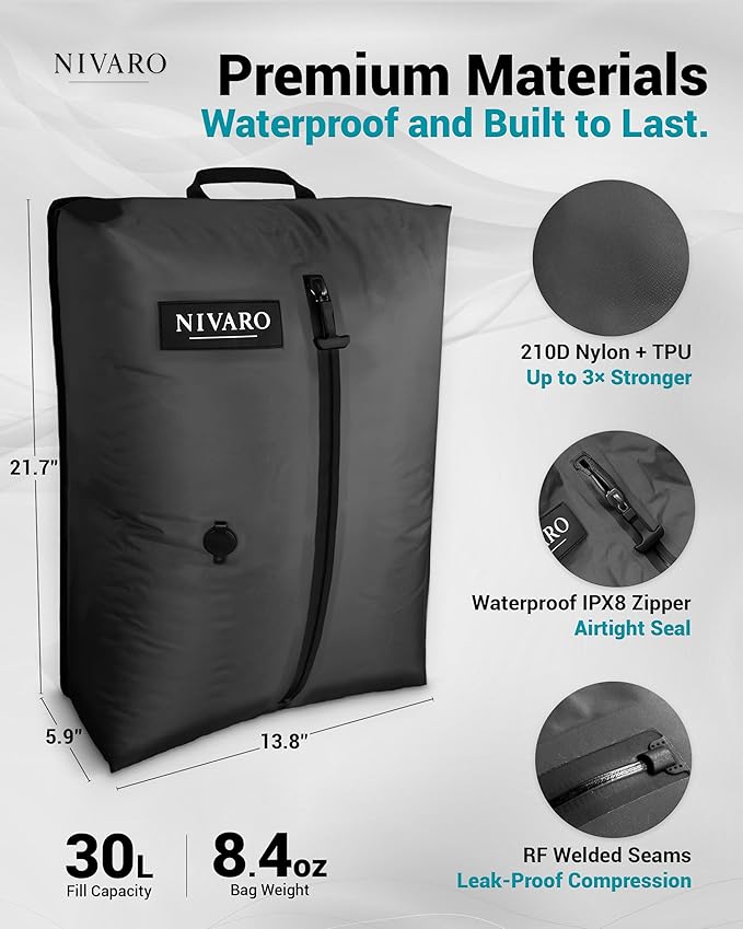 Travel Vacuum Bags with Pump (2-Pack, Large 30L) - IPX8 Waterproof Reusable Compression Bags for Travel, Space Saver Packing Cubes for Luggage, with Wireless Pump