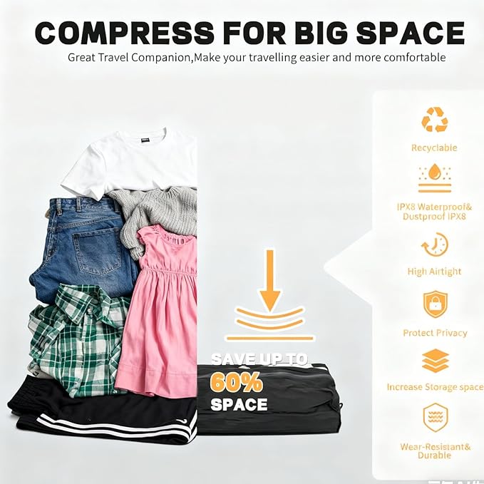 Vacuum Storage Bags for Travel with Portable Pump, Upgraded Vacuum Compression Bags for Travel, IPX8 Waterproof Zipper & 420D Nylon, Includes Electric Pump, Save 60% Luggage Space, 5-7 Day Trip