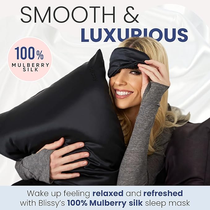 Blissy Silk Sleep Mask - Eye Sleeping Mask for Women & Men for Total Blackout - 100% Pure Mulberry Silk, 22 Momme 6a Fibers - Blindfold Sleep Mask Side Sleeper Eye Cover (Non Adjustable)