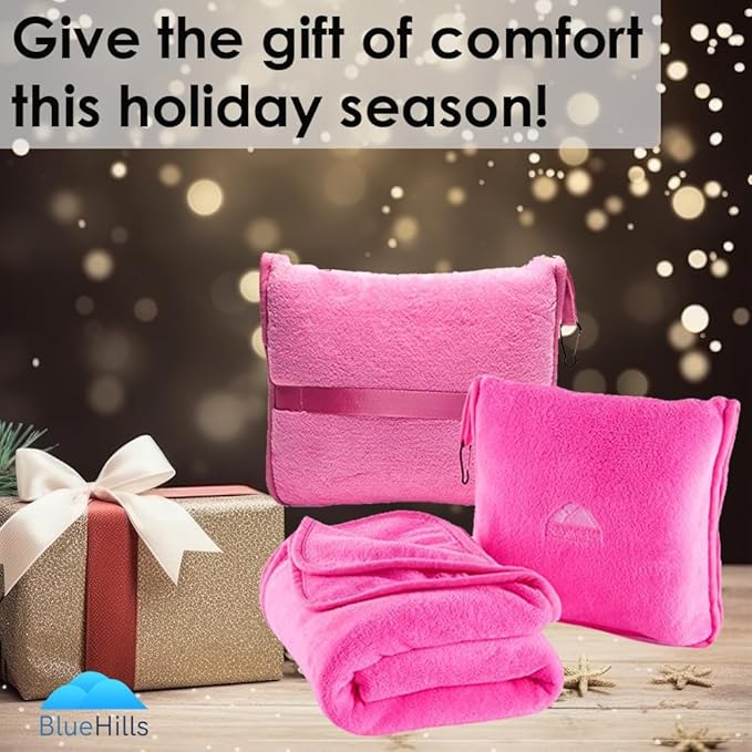 BlueHills Premium Soft Travel Blanket Pillow Airplane Blanket Packed in Soft Bag Pillowcase with Hand Luggage Belt and Backpack Clip, Compact Pack Large 2 in 1 Combo for Any Travel (Pink T004)