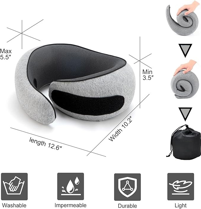 Benebou Travel Pillows for Airplanes, 100% Pure Memory Foam Neck Pillow for Airplanes, 360° Support Stowable Pillows for Sleeping, Breathable & Washable Cover, Compact for Travel, Car & Office (Gray)