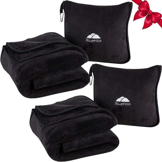 BlueHills 2-Pack Premium Soft Travel Blanket Pillow Airplane Blanket for Two in Soft Bag Pillowcase with Hand Luggage Belt and Backpack Clip, Compact Pack Large Blankets for Travel (Black T014)