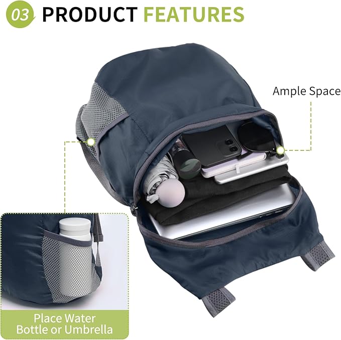 20L Ultra Hiking-Daypack Lightweight Foldable Travel Packable Backpack for Camping Cycling Outdoor, Navy Blue